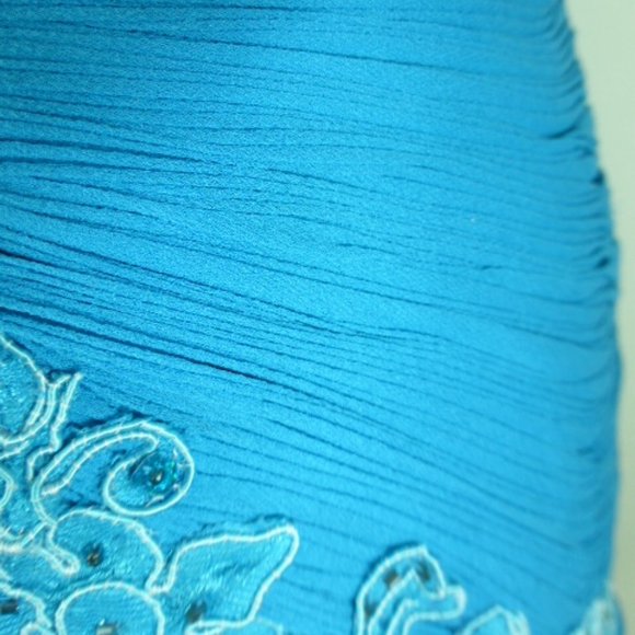 Jovani silk turquoise blue gown ruched lace 10 - Picture 5 of 9